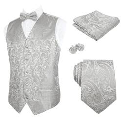 Alizeal Herren Weste Krawatte Hanky Manschettenknöpfe und Fliege Set Paisley Classic 5pc, Silber-S von Alizeal