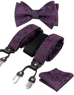 Alizeal Herren verstellbare Blumen Paisley selbst gebundene Fliege, Einstecktuch und elastische Y-Form 6 Clips Hosenträger Set, Aubergine von Alizeal