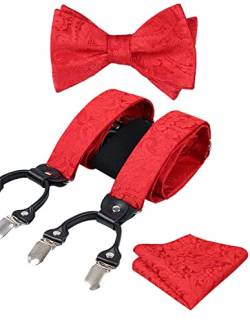 Alizeal Herren verstellbare Blumen Paisley selbst gebundene Fliege, Einstecktuch und elastische Y-Form 6 Clips Hosenträger Set, Rot von Alizeal