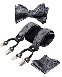 Alizeal Herren verstellbare Blumen Paisley selbst gebundene Fliege, Einstecktuch und elastische Y-Form 6 Clips Hosenträger Set, grau von Alizeal