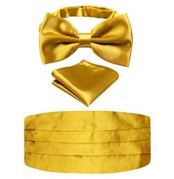 Alizeal Mens Solid Pre-Tied Party Einstellbare Fliege, Cummerbund und Pocket Square Geschenk Set, Golden von Alizeal