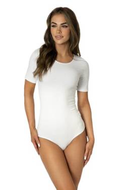 Alkato Damen Kurzarm Body Baumwolle Bodysuit mit Rundhalsausschnitt blickdicht, Farbe: Weiß, Größe: XS (Short 158-164 cm) von Alkato