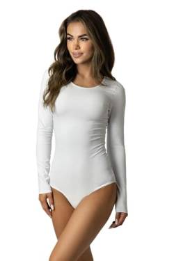 Alkato Damen Langarm Body Baumwolle Bodysuit mit Rundhalsausschnitt, Farbe: Weiß, Größe: XL (Long 170-176 cm) von Alkato