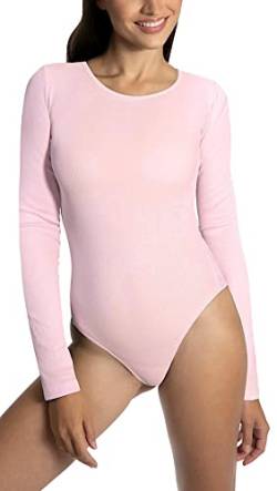 Alkato Damen Langarm Body Bodysuit mit Rundhalsausschnitt blickdicht Rippstoff, Farbe: Puderrosa, Größe: XL von Alkato
