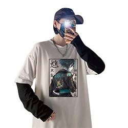 AllMonyba Anime Genshin Impact XIAO Bedrucktes Langarm T-Shirt Streetwear Hip Hop Unisex Oversize Fake Two T-Shirts mit Streifen Sleeve von AllMonyba