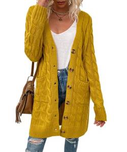 Alleen Damen Strickjacke Lang mit Knöpfen Herbst Strickpullover Jacke Langarm Cardigan mit Taschen (Gelb, L) von Alleen