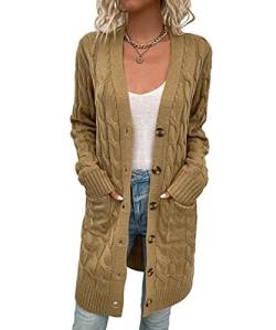 Alleen Damen Strickjacke Lang mit Knöpfen Herbst Strickpullover Jacke Langarm Cardigan mit Taschen (Khaki, L) von Alleen