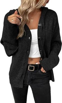 Alleen Strickpullover Damen Strickjacke mit Kapuze Herbst Winter Casual Strickcardigan Open Front Sweater mit Knopf(M,schwarz) von Alleen