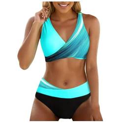 Allegorly Damen Bikini Set Triangel Breites Unterbrustband Bademodes Zweiteiliger Badeanzug Wickeloptik Lace Up Bikini Bademodes V Ausschnitt Blumenmuster Zweiteiliger Badeanzug (HJ1A-Light Blue, XXL) von Allegorly