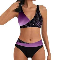 Allegorly Damen Bikini Set Triangel Breites Unterbrustband Bademodes Zweiteiliger Badeanzug Wickeloptik Lace Up Bikini Bademodes V Ausschnitt Blumenmuster Zweiteiliger Badeanzug (HJ1B-Purple, XXXL) von Allegorly