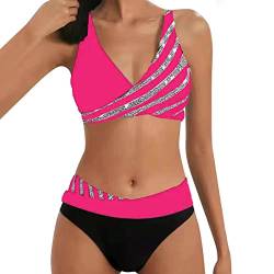 Allegorly Damen Bikini Set Triangel Breites Unterbrustband Bademodes Zweiteiliger Badeanzug Wickeloptik Lace Up Bikini Bademodes V Ausschnitt Blumenmuster Zweiteiliger Badeanzug (HJ1D-Hot Pink, XL) von Allegorly