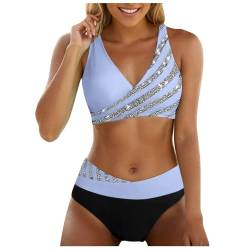 Allegorly Damen Bikini Set Triangel Breites Unterbrustband Bademodes Zweiteiliger Badeanzug Wickeloptik Lace Up Bikini Bademodes V Ausschnitt Blumenmuster Zweiteiliger Badeanzug (HJ1D-Light Blue, L) von Allegorly