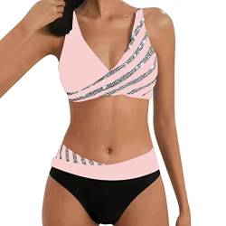 Allegorly Damen Bikini Set Triangel Breites Unterbrustband Bademodes Zweiteiliger Badeanzug Wickeloptik Lace Up Bikini Bademodes V Ausschnitt Blumenmuster Zweiteiliger Badeanzug (HJ1D-Pink, L) von Allegorly