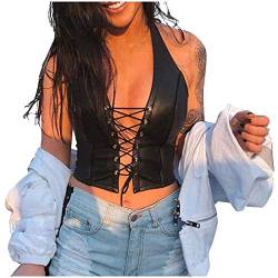 Allegorly Lack Leder Crop Top Damen Leder-Optik Bustier Korsett Bauchfrei Wetlook Shirts Kurz Sexy Tanktop Leder Spaghetti BH Top Oberteile Bekleidung von Allegorly