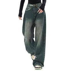 Cargohose Damen Baggy y2k High Waist Cargo Hose 90er Streetwear Freizeithose mit Tasche Breites Bein Boyfriend Pants E-Girl Style Boyfriend Pants Frauen Jeanshose Elastische Hose (12-Blue, L) von Allegorly