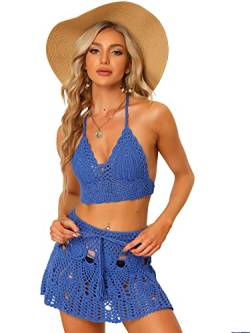 Allegra K Damen 2-Teilig Bikini Set Aushöhlen Cami Top Minirock Sommer Strand Häkelstrick Sets Königsblau M von Allegra K