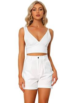 Allegra K Damen 2-teilig Outfits Strand Sommer Ärmellos Crop Top mit Knoten Shorts Weiß XS von Allegra K