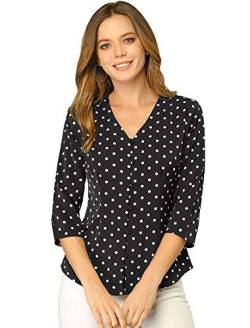 Allegra K Damen 3/4 Ärmel Shirt V-Ausschnitt Knopfleiste Elegante Polka Dots Top Bluse Schwarz XL von Allegra K