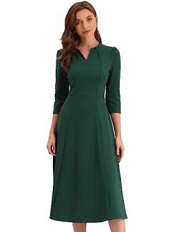 Allegra K Damen 3/4-Ärmeln A-Linie V-Ausschnitt Kleid Taschen Arbeit Elegantes Midikleid Dunkelgrün XL von Allegra K