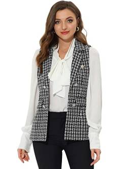 Allegra K Damen Ärmellos Kariert Tweed Revers Vorne Offen Blazer Weste Schwarz L von Allegra K