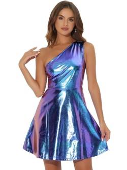 Allegra K Damen Ärmellos One Shoulder Metallic Partykleid Disco Holografisches Glitzer Kleid Schwarz Blau Lila XS von Allegra K