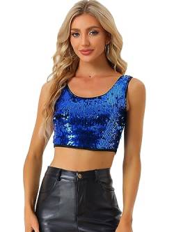 Allegra K Damen Ärmellos Pailletten Top Party Oberteil Club Cami Bauchfrei Tank Top Bluse Schwarz Blau L von Allegra K