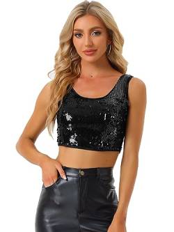 Allegra K Damen Ärmellos Pailletten Top Party Oberteil Club Cami Bauchfrei Tank Top Bluse Schwarz XS von Allegra K