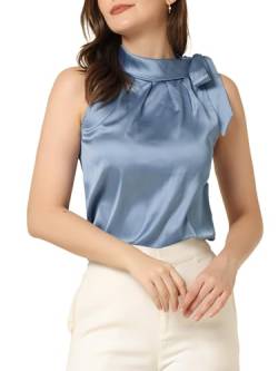 Allegra K Damen Ärmellos Satin Top Elegant Rüschen Stehkragen Bluse Schleife Oberteil Grau Blau S von Allegra K