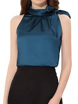 Allegra K Damen Ärmellos Satin Top Elegant Rüschen Stehkragen Bluse Schleife Oberteil Pfauenblau M von Allegra K