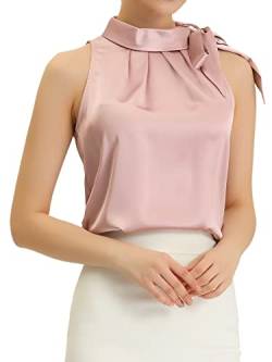 Allegra K Damen Ärmellos Satin Top Elegant Rüschen Stehkragen Bluse Schleife Oberteil Rosa XS von Allegra K