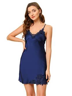 Allegra K Damen Ärmellos Satin V-Ausschnitt Spitze Cami Chemise Nachthemd Pyjama Minikleid Kleid Blau XS von Allegra K