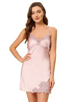 Allegra K Damen Ärmellos Satin V-Ausschnitt Spitze Cami Chemise Nachthemd Pyjama Minikleid Kleid Rosa S von Allegra K