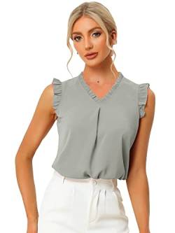 Allegra K Damen Ärmellos Sommer Tanktop Kurzarm V-Ausschnitt Arbeit Rüschen Elegant Top Bluse Grau XL von Allegra K