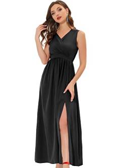 Allegra K Damen Ärmellos Tiefem V-Ausschnitt Cocktail Party Falten Geschlitzter Saum Maxikleid Kleid Schwarz S von Allegra K