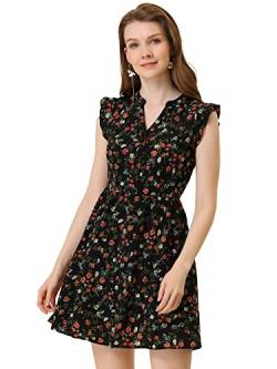 Allegra K Damen Ärmellos V-Ausschnitt Halbe Knopfleiste Blumen Rüschen Minikleid Kleid Schwarz M von Allegra K