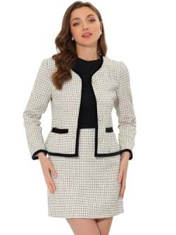 Allegra K Damen Anzug Set Zweiteilige Outfits Kariert Tweed Kurzblazer Jacke und Rock Set Weiß XS von Allegra K