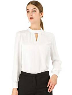 Allegra K Damen Arbeit Büro Hemd Schlüsselloch Elegant Stehkragen Langarm Chiffon Blusen - Weiß - Klein von Allegra K