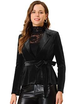 Allegra K Damen Blazer Langarm Samt Reverskragen Büro Elegant Jacke mit Gürtel Schwarz XS von Allegra K