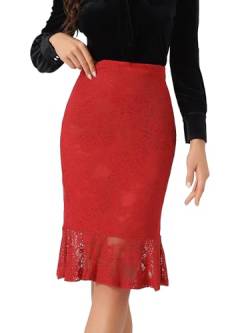 Allegra K Damen Bleistiftrock Eleganter Vintage Fischschwanz Stretch Spitzenrock Rock Rot L von Allegra K