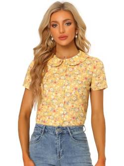 Allegra K Damen Blumen Knopfleiste Oberteil Retro Bubikragen Baumwolle Kurzarm Top Bluse Gelb M von Allegra K