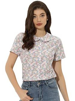 Allegra K Damen Blumen Knopfleiste Oberteil Retro Bubikragen Baumwolle Kurzarm Top Bluse Rosa S von Allegra K