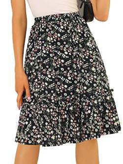 Allegra K Damen Blumen Rüschen Sommerrock Faltenrock A-Linie Hohe Taille Knielang Midirock Schwarz XS von Allegra K