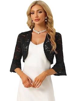 Allegra K Damen Blumen Spitze Bolero Glockenärmel Offen Crop Jacke Elegantes Shrug Schwarz L von Allegra K