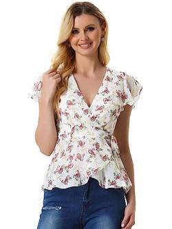 Allegra K Damen Bluse Blumenmuster V-Ausschnitt Taille Schößchen Wickel Oberteil Shirt Weiß M von Allegra K