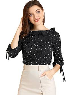 Allegra K Damen Bluse Halbarm Punktet U-Boot Kragen Rüschen Panel Polka Dots Oberteil Weiß Schwarz L von Allegra K