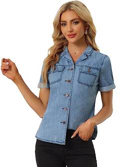 Allegra K Damen Bluse Kurzarm V-Ausschnitt Knopfleiste Brusttasche Jeanshemd Oberteil Shirt Hell Blau S von Allegra K