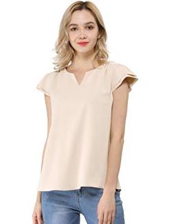 Allegra K Damen Bluse Kurzarm V-Ausschnitt T-Shirt Rüschen Einfarbig Elegant Top Oberteil Beige XL von Allegra K