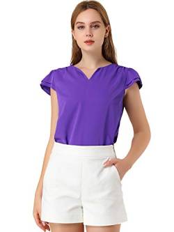Allegra K Damen Bluse Kurzarm V-Ausschnitt T-Shirt Rüschen Einfarbig Elegant Top Oberteil Violett M von Allegra K