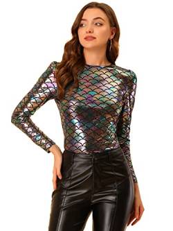 Allegra K Damen Bluse Metallic Langarm Party Rundhals Elegant Glitzer Club Oberteil Top Colorful S von Allegra K