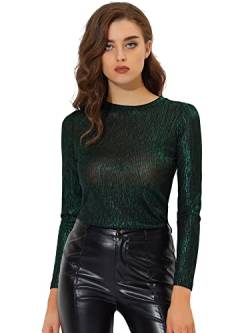 Allegra K Damen Bluse Metallic Langarm Party Rundhals Elegant Glitzer Club Oberteil Top Grün XS von Allegra K